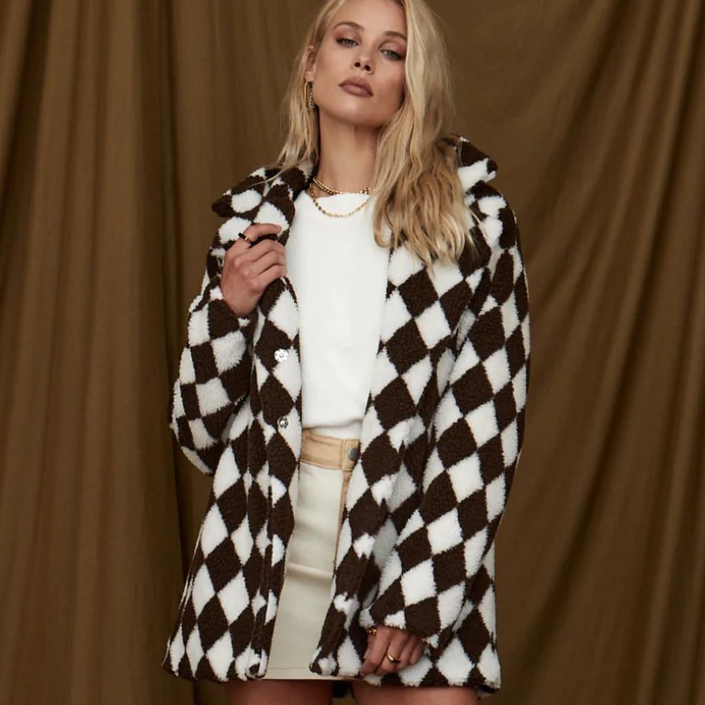 Brown Checkered Sherpa Jacket